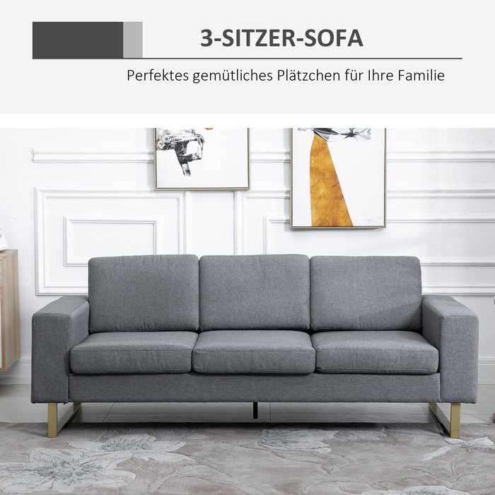 HOMCOM 3-Seater Upholstered Sofa, Fabric Sofa, Living Furniture, TV Chair, Cushions, Armrests, Linen, Dark Grey, 200 x 82 x 78 cm | Aosom