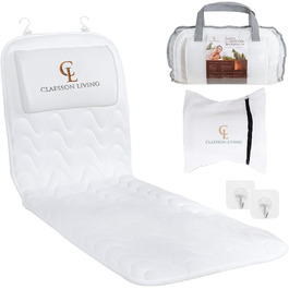Bathtub Pillow Full Body Bath Pillow (125x43cm) - Bathtub Mat with Headrest Supports Neck, Back, and Legs - With Wash and Travel Bag and Hanging Hooks for Quick Drying - White