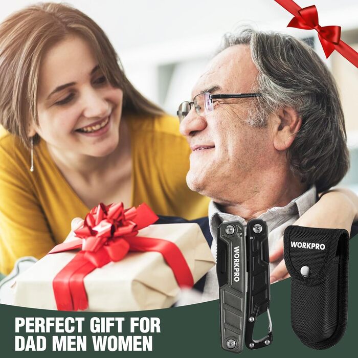 WORKPRO Мультитул 11-в-1: мультиінструмент з нержавіючої сталі з карабіном, плоскогубцями, кабелерізом, відкривачкою для пляшок, викрутками для відпочинку на природі. У комплекті чохол.
