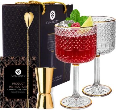 Набір келихів для джину Vemacity Luxuriöses Gin Gläser 2er Set: 2 келихи з золотими деталями (450 мл), ложка, мірний стакан, E-book з рецептами. Чудовий подарунковий набір.