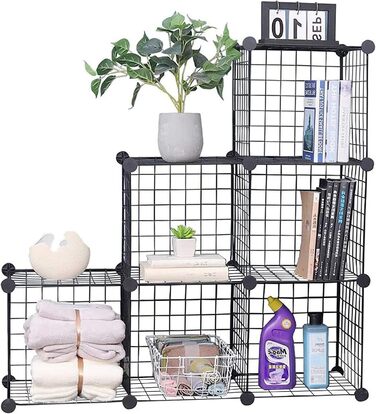 YCOCO Storage Shelf with 6 Cube Shelves, Bookshelf, Bookshelf for Bedroom, Office, Dorm Room, University, Living Room, Black. (Wire-6 Cubes)
