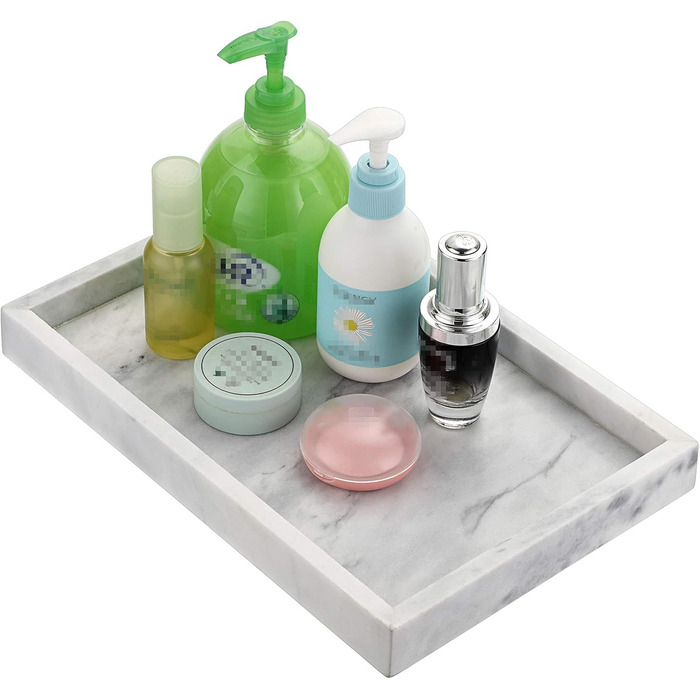 BSTKEY 30x20cm Natural Marble Stone Storage Tray, Decorative Rectangular Plate Tray Organizer for Kitchen Bathroom Dresser Decor Vanity Counter Coffee Table, Grey