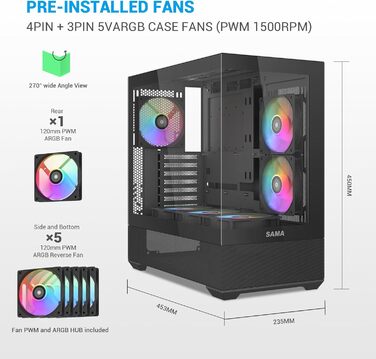Корпус ПК SAMA V40 Mid-Tower ATX з 6 вентиляторами 120 мм ARGB, подвійні панелі з загартованого скла, чорний