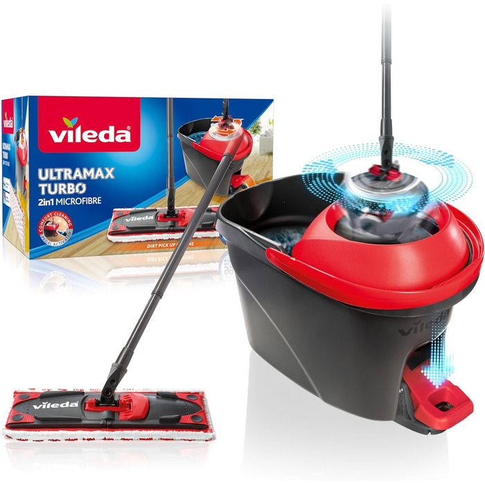 Vileda Ultramax Turbo 2in1: Набір для миття підлоги з відром та мікрофіброю | Телескопічна ручка (75–130 см), система віджиму, для плитки, ламінату та паркету | Еко-упаковка