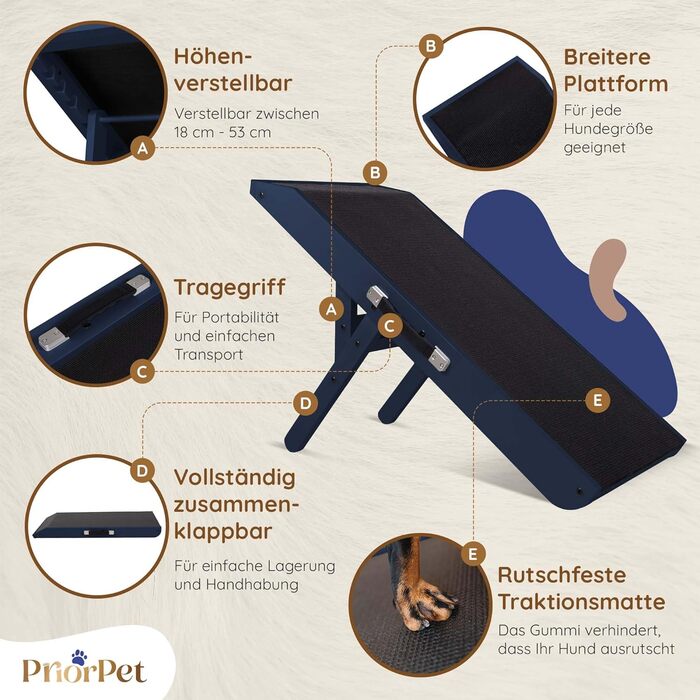 Рампа для собак Hunderampe - регульована, 18-53 см, для ліжка/дивану, з берези, антиковзаюча, чорна (темно-синя)
