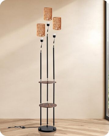 Стійка лампа EDISHINE для вітальні, вінтажна 3-лампова модель з полицею та абажуром з ротангу, 3 патрони E27, з лампочками, бохо-лампа з вимикачем на нозі для спальні та офісу, 178 см (Вінтажний коричневий)