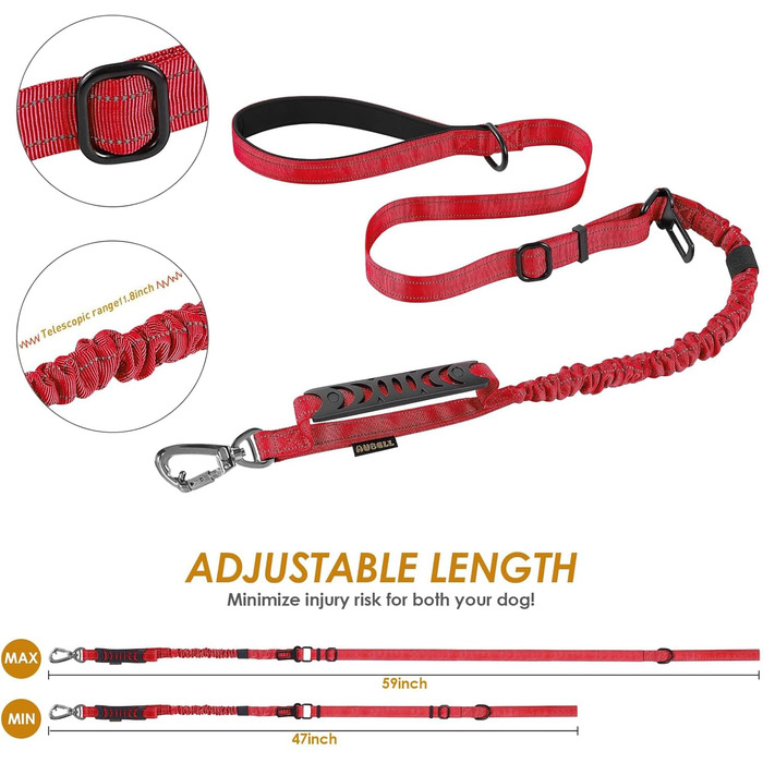 Тактична повідок для собак AUBELL, міцна, світловідбиваюча, без натягу, банджі-повідок для середніх та великих собак, з м'якою ручкою, авто-ремнем безпеки, обертання на 360°, зелена (M-L, червона)