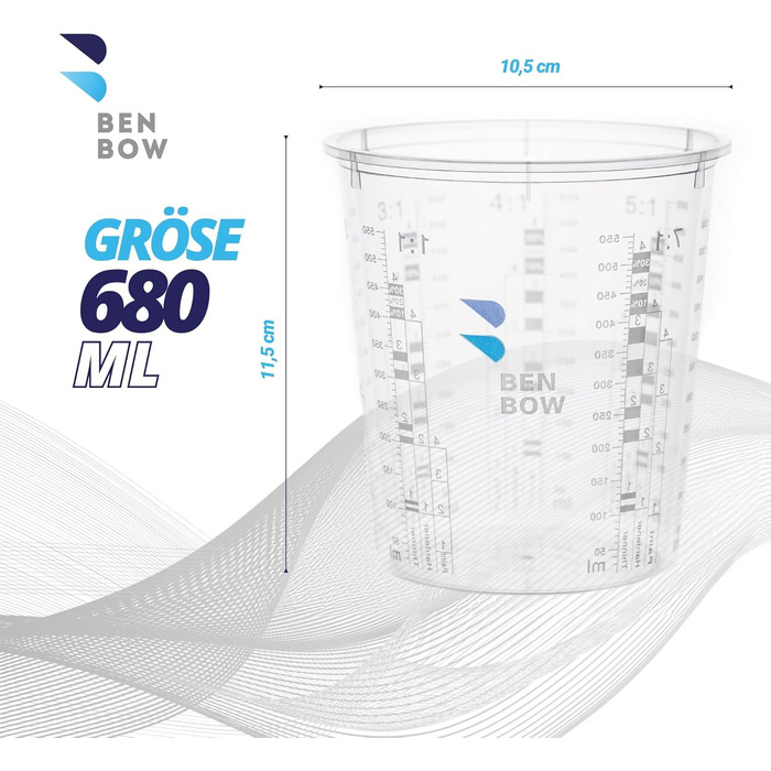 BenBow Professional Measuring Cup 100x 680ml without lid with versatile scaling - Cup with scale, mixing cup, paint mixing cup, measuring cup, paint cup, disposable mixing cup