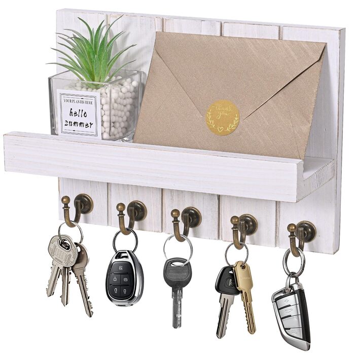 Дерев'яне ключниця з полицею, 5 гачків, для прихожей, вітальні, спальні, світло-білий колір