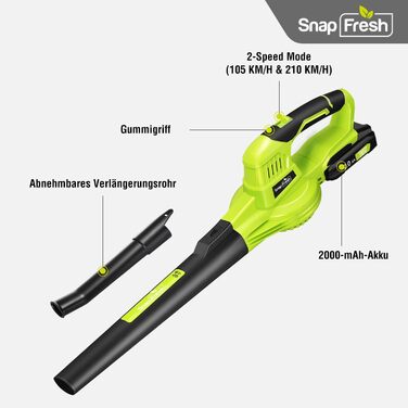 Акумуляторний повітродув SnapFresh 20В, 210 км/год, 240 м³/год, з акумулятором і зарядним, 2 швидкості, легкий 1,2 кг, для саду та газону, зелений