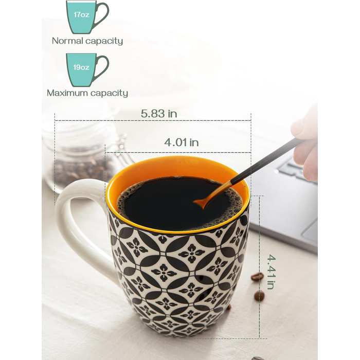 DOWAN Coffee Mug Set, 6 x 560 ml Porcelain Coffee Cups, Large Cups in Chinese Traditional Pattern Style for Coffee, Milk, Tea & Hot Chocolate, Coffee Mug Multicolor