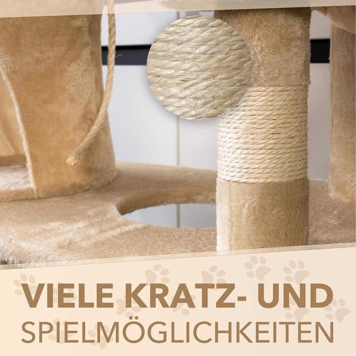Кігтеточка для котів Foxdevil від xonic® - багатофункціональна кігтеточка з оглядовою платформою, гамаком, затишною печерею, іграшковою шнуркою, сходами – 141 см – (Бежевий V1)