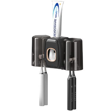 Настінний тримач для зубних щіток з автоматичним дозатором пасти, електричний для 4 щіток, 2 стаканчики, без свердління (чорний)