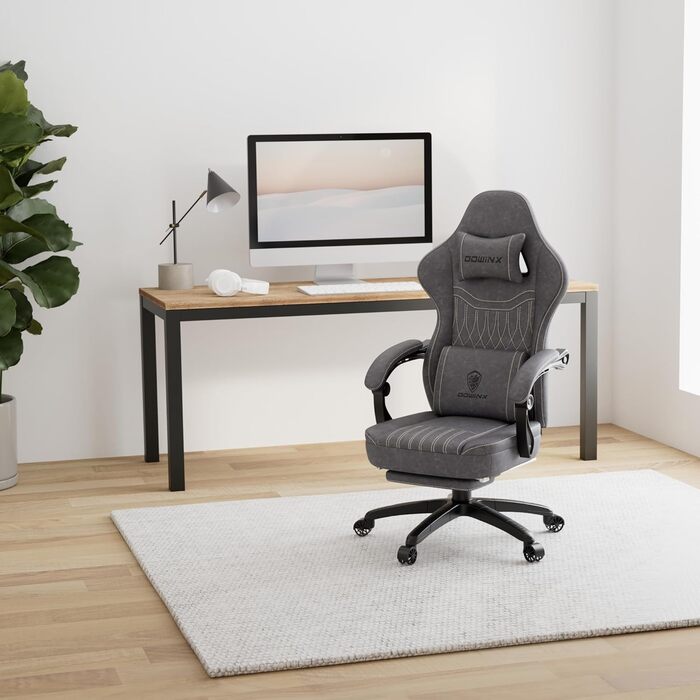 Ігровий крісло Dowinx з підголівником та масажем попереку, ергономічний геймерський крісло з підніжкою, офісне крісло з PU шкіри (Сірий)