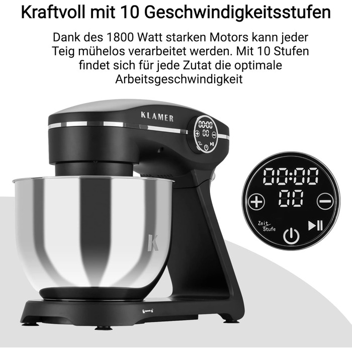 KLAMER 1800W Stand Mixer - Stainless Steel Bowl 6L, 10 Speed, Timer, Planetary Mixing, Dough Hook, Whisk & Beater - Black