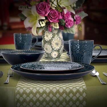 Набір посуду Elama Rund з 16 частин з емальованого фарфору, тиснення, океаново-блакитний та зелений, з коричневим контуром