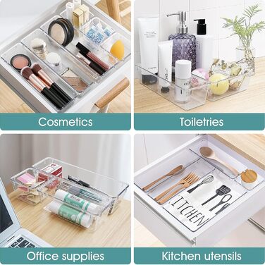 WOWBOX 4-Piece Plastic Drawer Organizer Set, 4 Sizes, Desk Drawer Dividers, Organizer and Storage Containers for Makeup, Jewelry, Bathroom, Office (Transparent, 13)