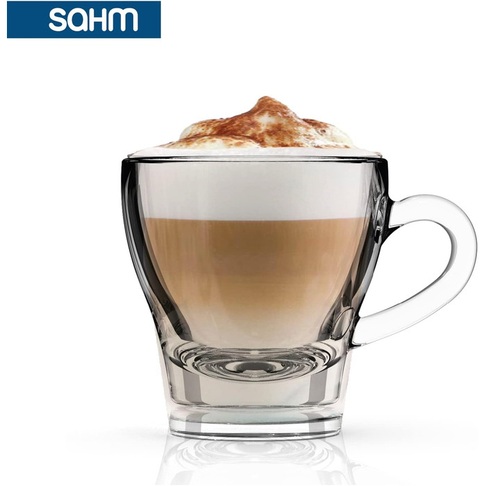 Sahm Cappuccino Glasses with Handles Set (6 PCS) - 180ml Cappuccino Cups Set - Dishwasher Safe - Ideal Teacups with Handles