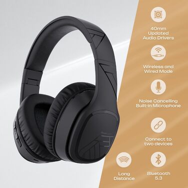 PowerLocus P7 Бездротові навушники Over-Ear, складні, з басами, Hi-Fi стерео, з функцією гучного зв'язку, USB-C зарядка, довгий час роботи, для iPhone/PC/TV, чорний