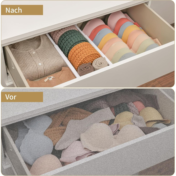 DIMJ 8-Piece Drawer Dividers Adjustable (32.6-56cm) Plastic, Closet Organizer for Kitchen Storage, Bedroom, Dresser, Light (5 Pieces, White)