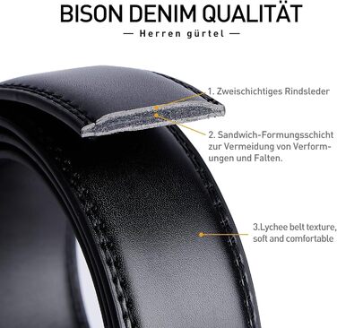 Чоловічий шкіряний ремінь BISON DENIM з автоматичною застібкою-разом - для ділового костюма, ширина 35 мм, чорний