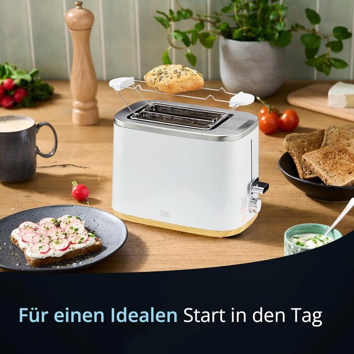 Набір чайник та тостер KHG | 2.200 Вт, 800 Вт | 1,7 л, 2 тости | з фільтром від накипу та крихкозбирачем | Білий з імітацією дерева