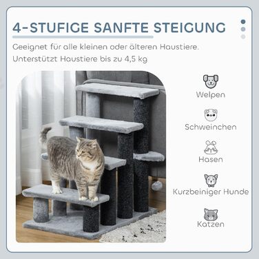 PawHut 4-Step Pet Stairs with Scratching Posts, Ball, Dog Stairs, Animal Stairs for Cats up to 5 kg, Plush Jute Grey, 60 x 40 x 64 cm