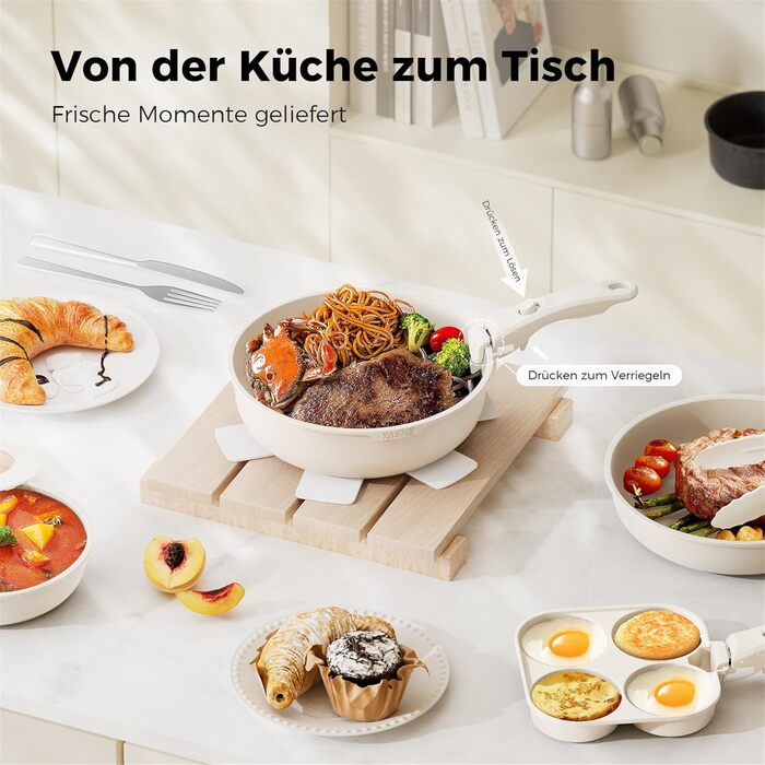 Набір посуду YASHE 20 предметів з антипригарним покриттям, знімні ручки, для індукційних плит, до 230°C, для мийки, можна складати, ідеальний для сімей (Білий)