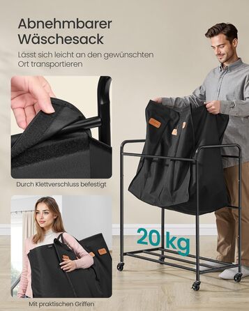 SONGMICS Laundry Basket with Wheels, Laundry Sorter with 4 Compartments, 200 L Laundry Sorter, Mobile Laundry Cart, 5 Labels, for Laundry Room, Bedroom, Bathroom, Ink Black RLS460B01
