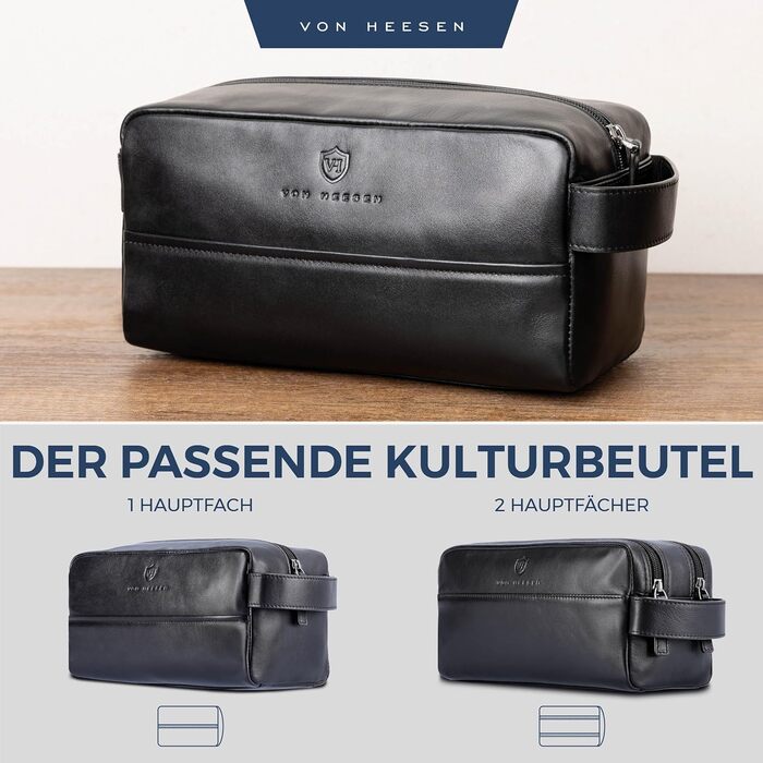 Чоловіча/Жіноча дорожня косметичка VON HEESEN з натуральної шкіри - велика, чорна, з одним відділенням