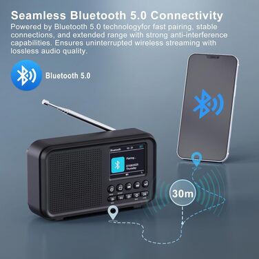 Портативне DAB/DAB+ радіо з Bluetooth 5.0, FM, акумулятором 3000mAh, дисплеєм 2.4