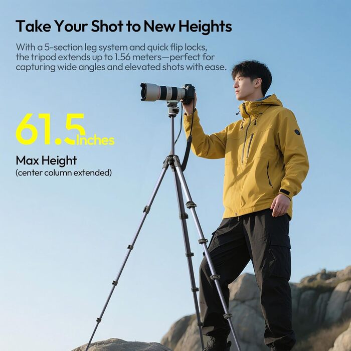 Штатив ULANZI Ombra II 156см з кульковою головкою 360°, компактний туристичний штатив з швидкоїдіючою платформою Uka, тринога для DSLR, Mirrorless камер, смартфонів (вага 1,21 кг, вантажопідйомність 10 кг)