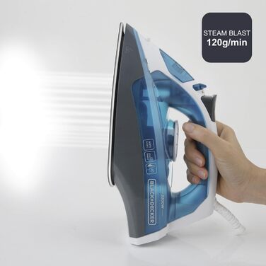 Праска з парою Black+Decker Blau BXIR2200E, 2200 Вт, пластик, 370 мл, 120 г/хв