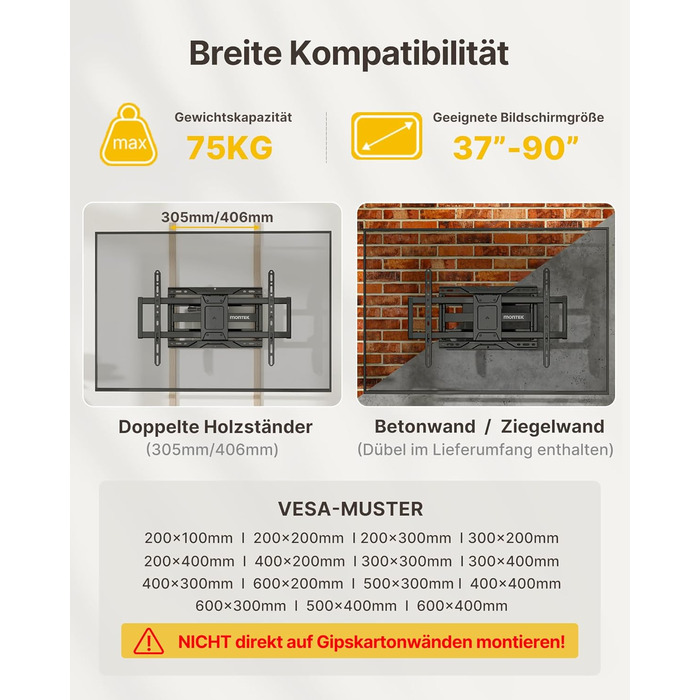 Настінна кріплення для телевізора monTEK, 37-90 дюймів, до 75 кг, з подвійними шарнірними руками, регулювання нахилу, поворот і витягування, VESA 600x400