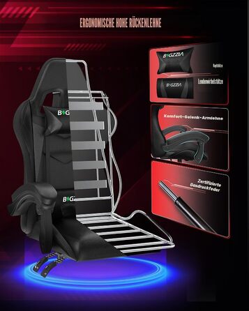 Геймерське крісло Bigzzia з RGB підсвіткою, ергономічне для ПК, з підголівником, чорне