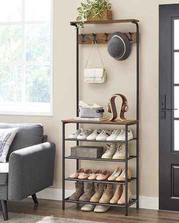 VASAGLE Coat Rack, Clothes Rack, Shoe Shelf, Wardrobe with 5 Double Hooks, 5 Shelves, One Top Shelf, for Apartments, Bedrooms, Hallways, Industrial Design, Vintage Brown-Black HSR408B01 (31.5 x 68 x 183.5 cm)