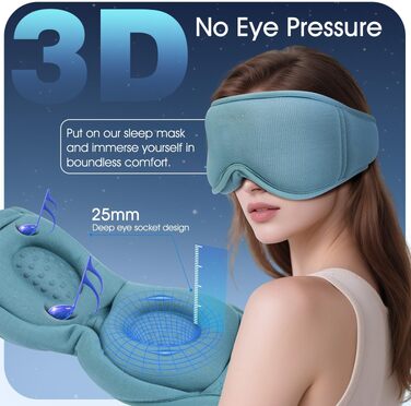Маска для сну з навушниками Bluetooth Dolida, 3D бамбукова маска для очей з мікрофоном для жінок та чоловіків, зручна для сну на боці (Сіро-блакитна)