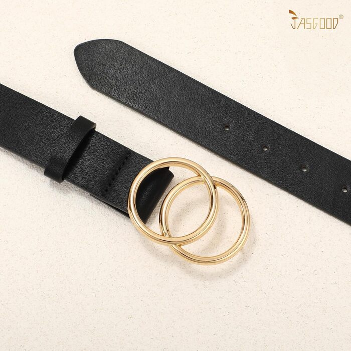 Жіночий шкіряний ремінь JasGood з подвійною кільцевою пряжкою для джинсів, штанів, суконь - чорний, XS (100 см, об'єм талії 65-75 см)