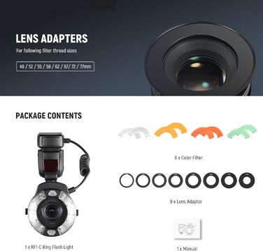 NEEWER RF1-S: Кольцевий спалах для Sony, Canon - 76W, GN15, 5600K, TTL, для макрозйомки та студійного освітлення