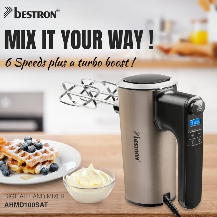 Міксер ручний Bestron Power з 6 швидкостями, Turbo-функцією та LCD-дисплеєм. В комплекті: 2 вінчики та 2 гаки для тіста. Легкий (1 кг), колір: бежевий