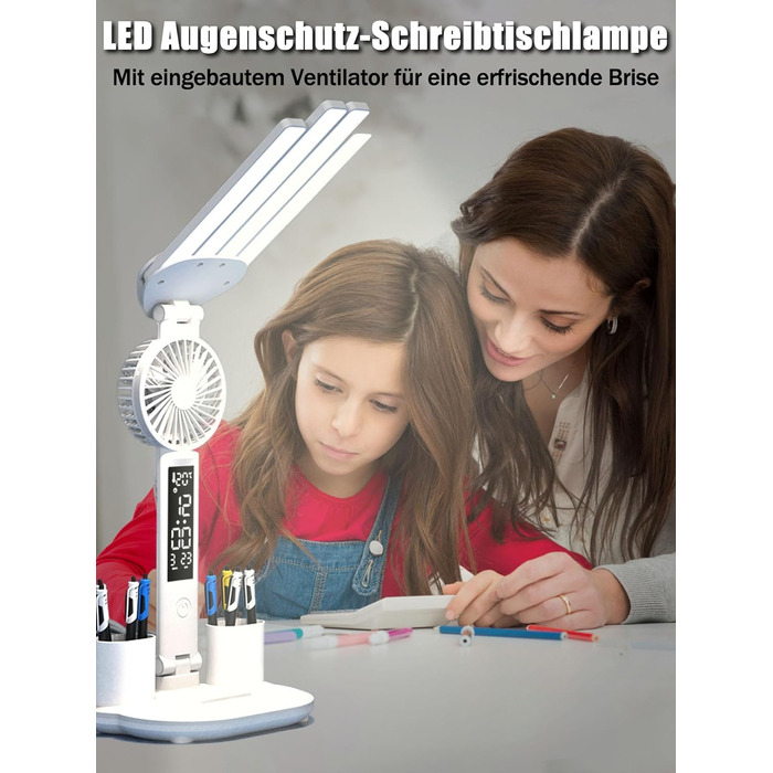 LED-лампа настільна з вентилятором для дітей WLHONG з годинником, тримачем для ручок, календарем та датчиком температури, 3 режими кольору, регульована яскравість, ідеальна для читання