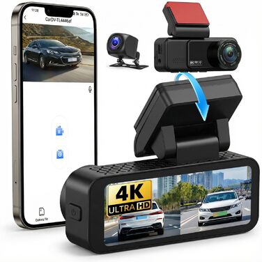 Відеореєстратор CAMECHO 4K Dual (передній + задній) з GPS, WiFi, ADAS, BSD, LCA, нічна зйомка, 150° кут огляду, IPS 3.16