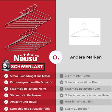 Neusu Clothes Hangers, Metal, Stable, 45cm x 5mm Thick Metal - Extra Strong Coat Hangers in Hotel Quality - (10 Pieces)