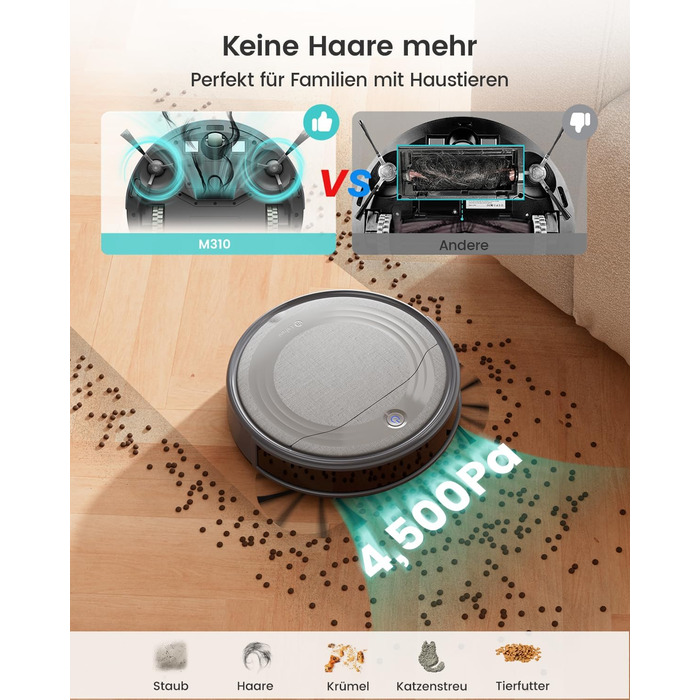 Робот-пилосос LEFANT M310 сірий: потужність 4500Pa, 180 хв роботи, Wi-Fi керування, для тварин та твердих поверхонь