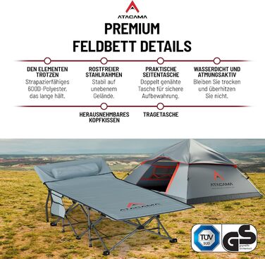 Ліжко похідне Atacama складане, ультралегке для кемпінгу та риболовлі, комфортне, портативне, розмір XXL 190x68x38 см