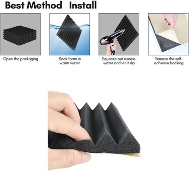 Самоклеящийся акустичний поролон Sonnewelt 5x30x30 см, 3D панелі для звукоізоляції та поглинання ехо, шумопоглинаючі плитки для студії, офісу та дому (48 шт, чорний, піраміда)