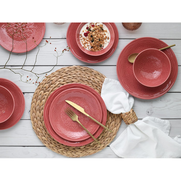 Набір посуду CreaTable Serie Orient Mandala 18 предметів, порцеляновий, червоний, для мікрохвильової печі та посудомийної машини, виготовлено в Європі