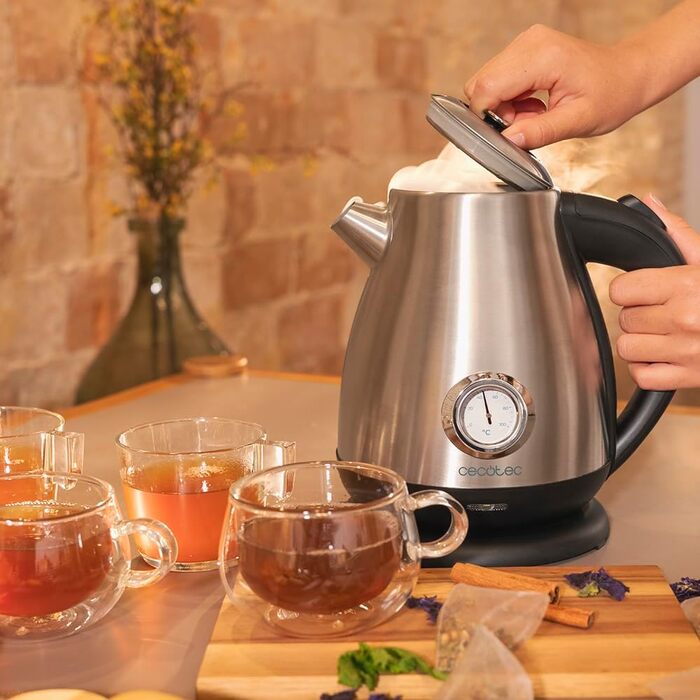 Cecotec 1.7L Retro Stainless Steel Electric Kettle with Thermosense - Fast Boiling, 360° Base, Analog Thermometer, Anti-Scale Filter, BPA-Free