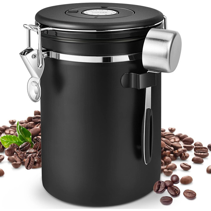 Контейнер для кави Royouzi з нержавіючої сталі, вакуумний, 1.8 л, з ложкою та індикатором свіжості, для кави, чаю, горіхів, какао. Зберігає свіжість надовго.