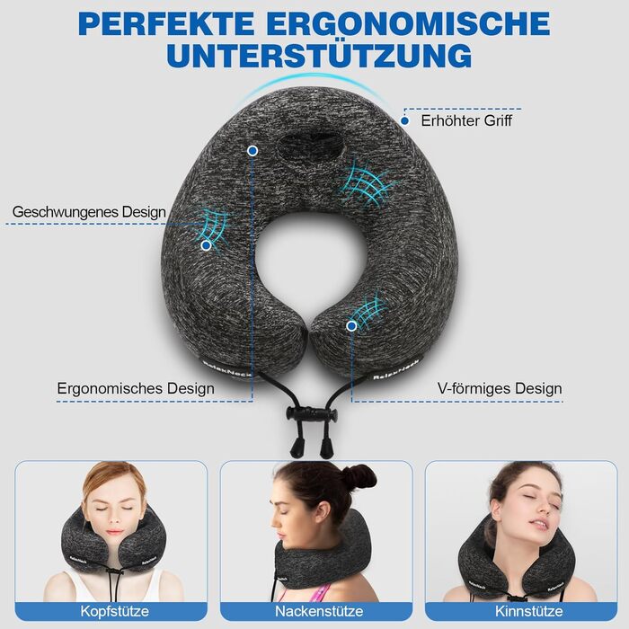 Подушка для шиї у вигляді U, Memory Foam, для подорожей, дорослі, ергономічна, з чохлом, для автомобіля, офісу, поїздки, сірого кольору